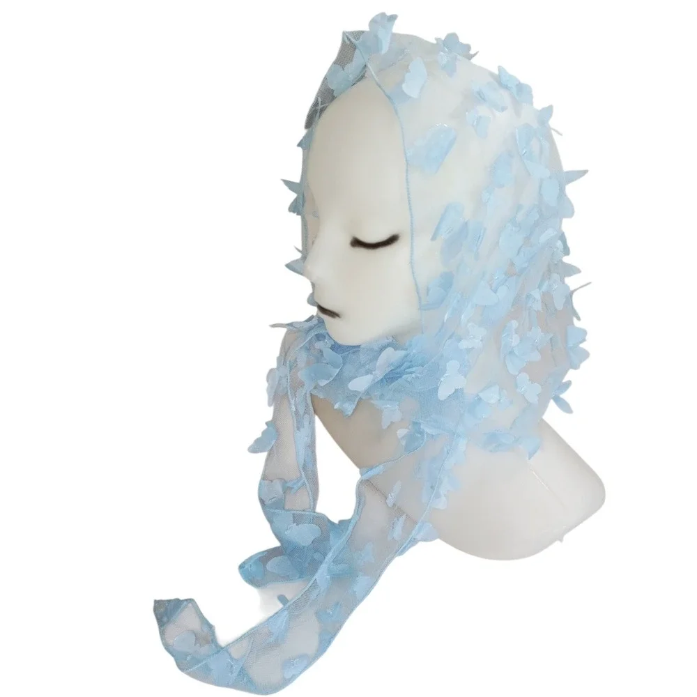 Light Blue 3D Butterfly Mesh Head Scarf Babushka Kerchief Fairycore‎ Accessory